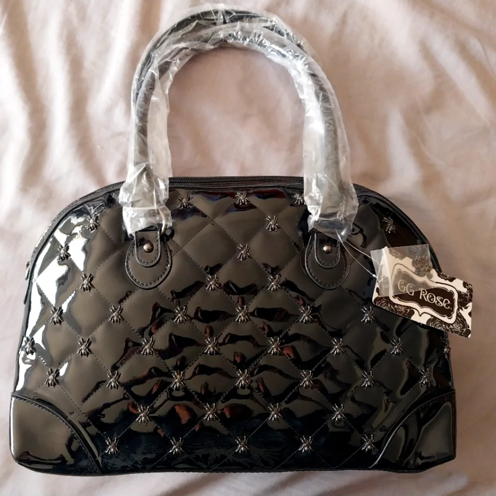 GG Rose Rock Rebel goth black vinyl quilted spider purse - Picture 4 of 11